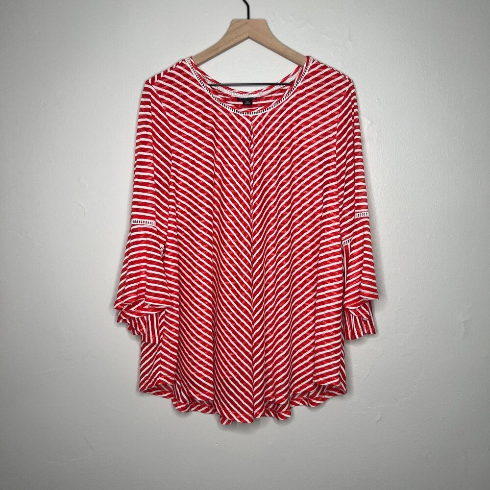 New Directions Womens Top 2X Red Curvy Striped Flowy‎ Bell Sleeve Sheer